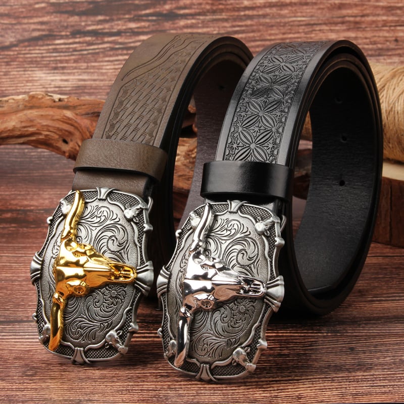 Curea pentru bărbați din PU, cataramă din aliaj, cataramă netedă, lățime 2–4 cm, motiv gravat Taurus, stil vestern vintage