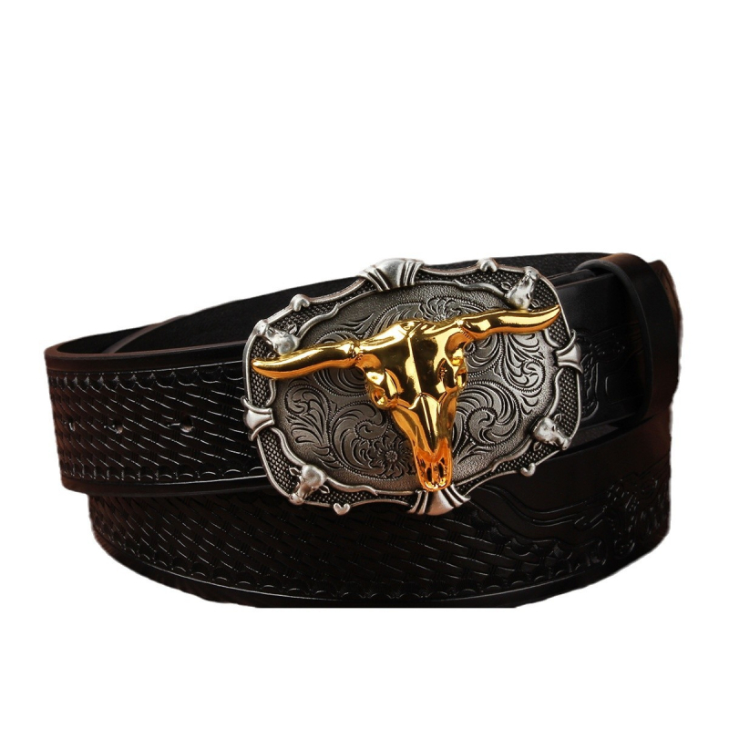 Curea pentru bărbați din PU, cataramă din aliaj, cataramă netedă, lățime 2–4 cm, motiv gravat Taurus, stil vestern vintage