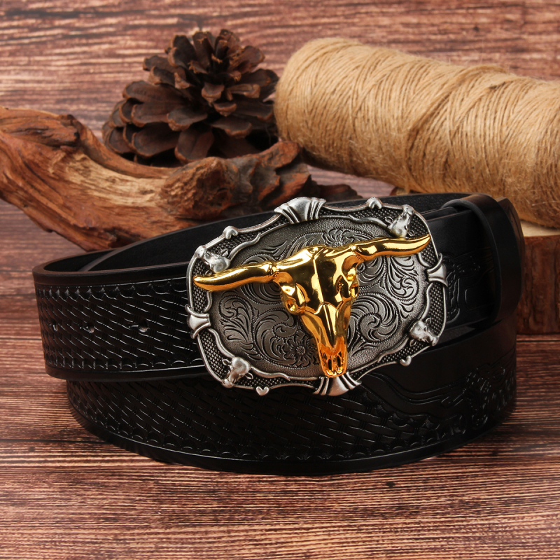 Curea pentru bărbați din PU, cataramă din aliaj, cataramă netedă, lățime 2–4 cm, motiv gravat Taurus, stil vestern vintage
