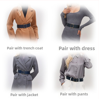 Γυναικεία φαρδιά ζώνη με μεγάλη τετράγωνη αγκράφα από κράμα, PU δέρμα, κούμπωμα με ακίδα, πλάτος άνω των 4 εκ, επεξεργασία οπών και ηλεκτροχρωμίωση.