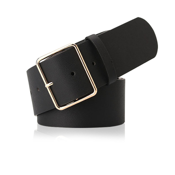 Γυναικεία φαρδιά ζώνη με μεγάλη τετράγωνη αγκράφα από κράμα, PU δέρμα, κούμπωμα με ακίδα, πλάτος άνω των 4 εκ, επεξεργασία οπών και ηλεκτροχρωμίωση.