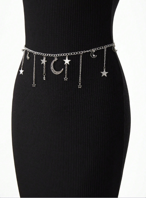 Αλυσίδα μέσης με κρεμαστό σε σχήμα κούφιας σελήνης και φούντα με πεντακτινο αστέρα, μεταλλικό κράμα, μονόκυκλο κλείσιμο