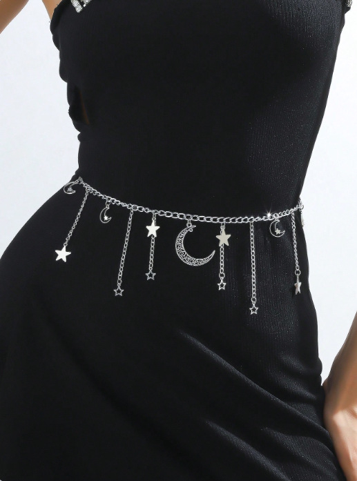 Αλυσίδα μέσης με κρεμαστό σε σχήμα κούφιας σελήνης και φούντα με πεντακτινο αστέρα, μεταλλικό κράμα, μονόκυκλο κλείσιμο