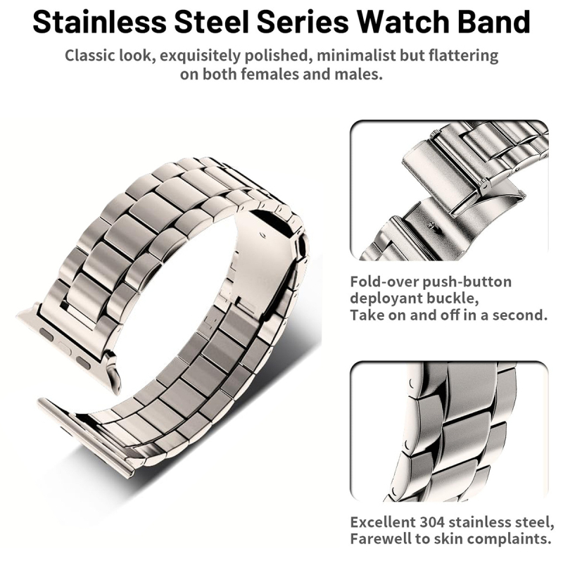 Plieninė laikrodžio juosta su Three-Bead dizainu Apple Watch S10, sulankstomas užsegimas, 20mm/22mm jungtys, svoris 80–90 g