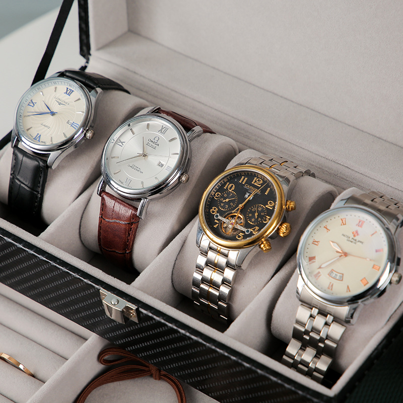 Δερμάτινο κουτί αποθήκευσης ρολογιών, διπλού επιπέδου κουτί κοσμημάτων με 4 διαμερίσματα, μάρκα Yusen