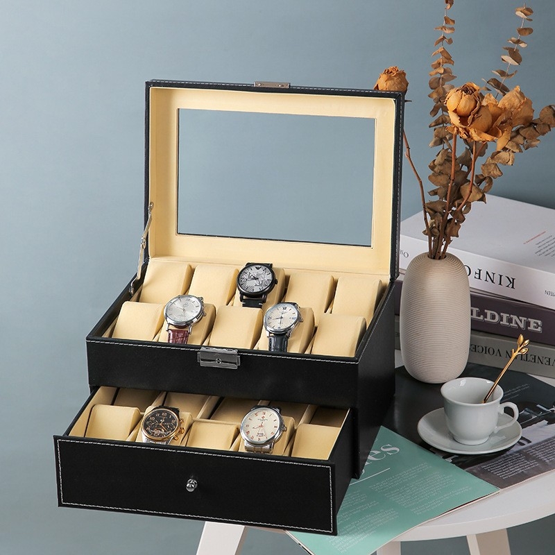 Δερμάτινο κουτί αποθήκευσης ρολογιών, διπλού επιπέδου κουτί κοσμημάτων με 4 διαμερίσματα, μάρκα Yusen