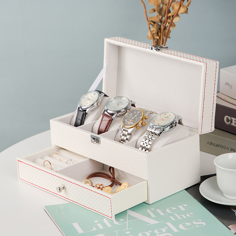 Δερμάτινο κουτί αποθήκευσης ρολογιών, διπλού επιπέδου κουτί κοσμημάτων με 4 διαμερίσματα, μάρκα Yusen