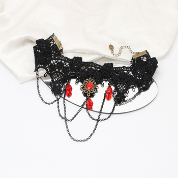 Γοτθικό κολιέ δαντέλα με φούντα, choker, γεωμετρικός σχεδιασμός, υλικό πλαστικό/ρητίνη, μενταγιόν rhinestone, μήκος 21–50 cm