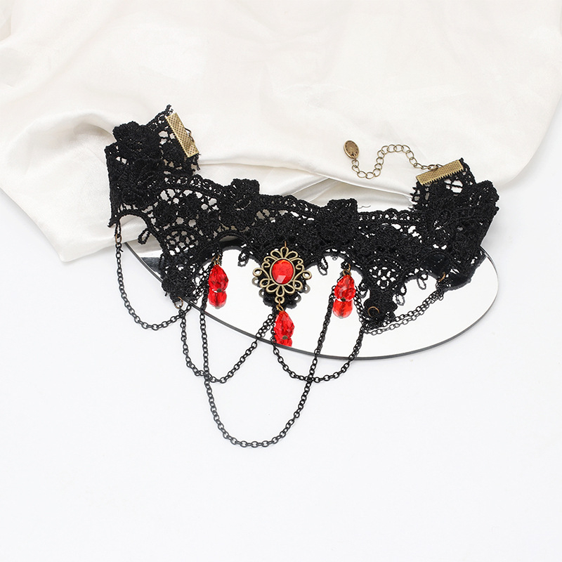Γοτθικό κολιέ δαντέλα με φούντα, choker, γεωμετρικός σχεδιασμός, υλικό πλαστικό/ρητίνη, μενταγιόν rhinestone, μήκος 21–50 cm