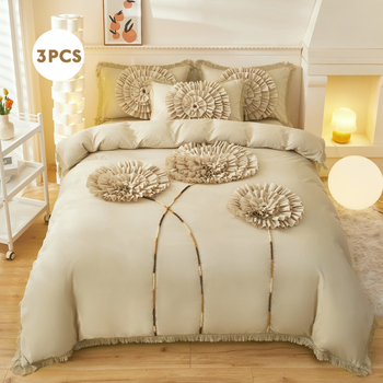 Trīsdļīgs gultasveļas komplekts ar Dandelion motīvu: segu pārvalks + 2 spilvenu pārvalki, reaktīvā druka, maisījuma šķiedras, izšūšana, mežģīne un pomponi