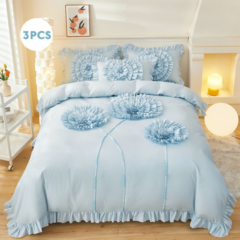 Trīsdļīgs gultasveļas komplekts ar Dandelion motīvu: segu pārvalks + 2 spilvenu pārvalki, reaktīvā druka, maisījuma šķiedras, izšūšana, mežģīne un pomponi