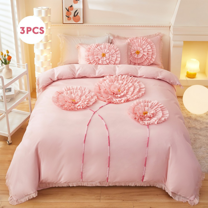 Trīsdļīgs gultasveļas komplekts ar Dandelion motīvu: segu pārvalks + 2 spilvenu pārvalki, reaktīvā druka, maisījuma šķiedras, izšūšana, mežģīne un pomponi