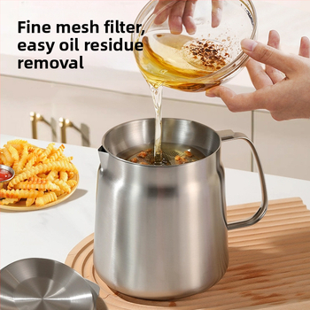 304 nerūdijančio plieno aliejaus filtravimo puodas, namų aliejaus saugojimo indas su dangčiu ir filtru, tinkamas pilimui aliejaus ir aliejaus šepetėliui