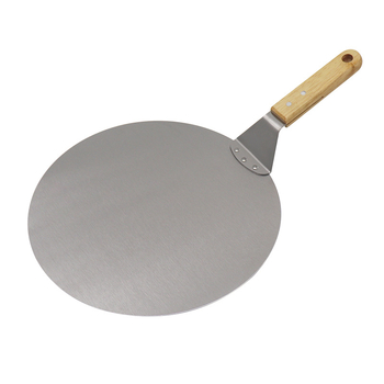 Σπατουλά μεταφοράς πίτσας με λαβή από δρυ, κεφαλή από ανοξείδωτο χάλυβα, στρογγυλή επιφάνεια, μοντέρνος μινιμαλιστικός σχεδιασμός