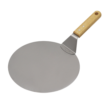 Σπατουλά μεταφοράς πίτσας με λαβή από δρυ, κεφαλή από ανοξείδωτο χάλυβα, στρογγυλή επιφάνεια, μοντέρνος μινιμαλιστικός σχεδιασμός
