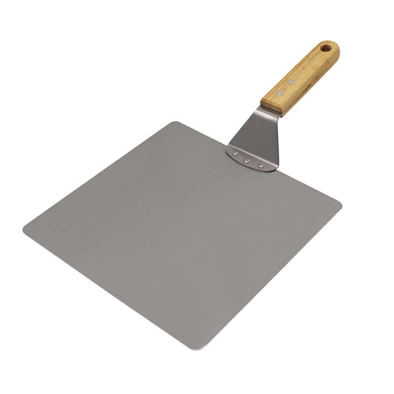 Σπατουλά μεταφοράς πίτσας με λαβή από δρυ, κεφαλή από ανοξείδωτο χάλυβα, στρογγυλή επιφάνεια, μοντέρνος μινιμαλιστικός σχεδιασμός