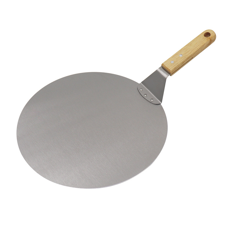 Σπατουλά μεταφοράς πίτσας με λαβή από δρυ, κεφαλή από ανοξείδωτο χάλυβα, στρογγυλή επιφάνεια, μοντέρνος μινιμαλιστικός σχεδιασμός