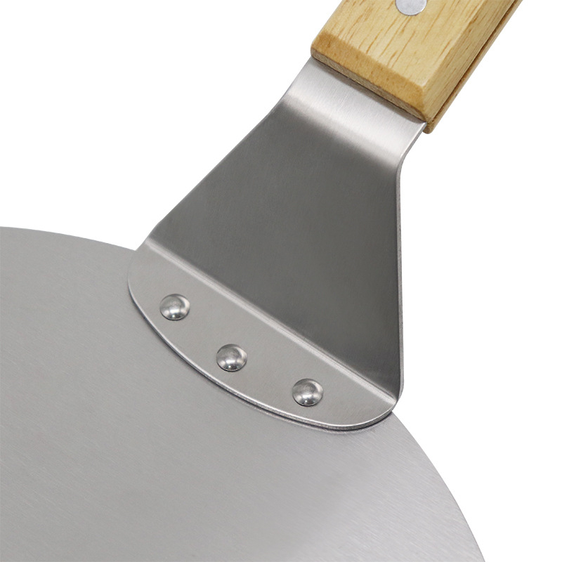 Σπατουλά μεταφοράς πίτσας με λαβή από δρυ, κεφαλή από ανοξείδωτο χάλυβα, στρογγυλή επιφάνεια, μοντέρνος μινιμαλιστικός σχεδιασμός