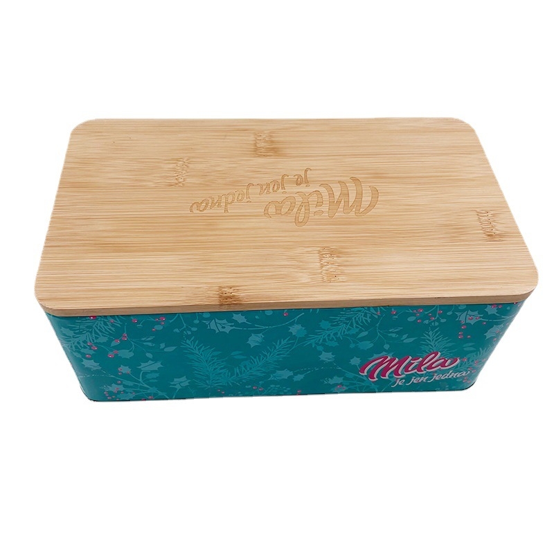 Τετράγωνο μεταλλικό βάζο αποθήκευσης με καπάκι από μπαμπού – σφραγιζόμενο, για γλυκίσματα, καφέ και τσάι, από λαμαρίνα, με παραμετροποίηση