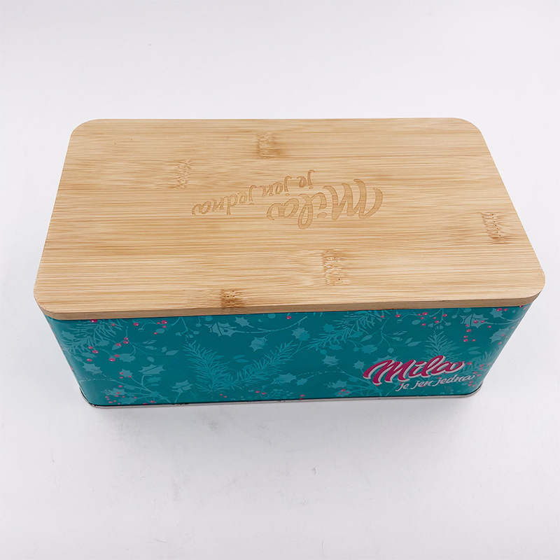 Τετράγωνο μεταλλικό βάζο αποθήκευσης με καπάκι από μπαμπού – σφραγιζόμενο, για γλυκίσματα, καφέ και τσάι, από λαμαρίνα, με παραμετροποίηση