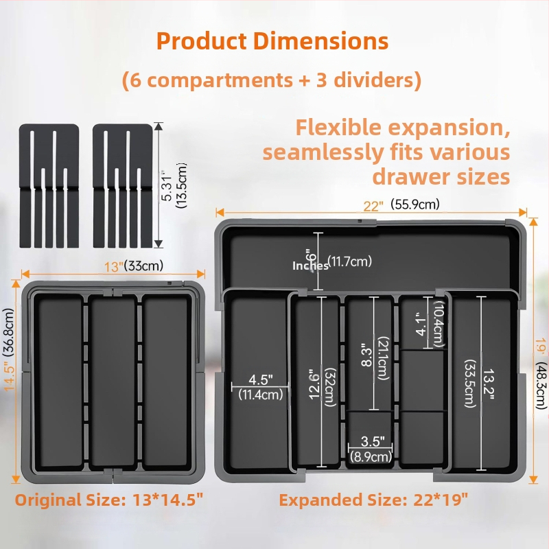 Izvelkams virtuves ēdienu piederumu organizators atvilktnei — iebūvēts, vienkāršs un mūsdienīgs stils, modelis 8045, PP/ABS