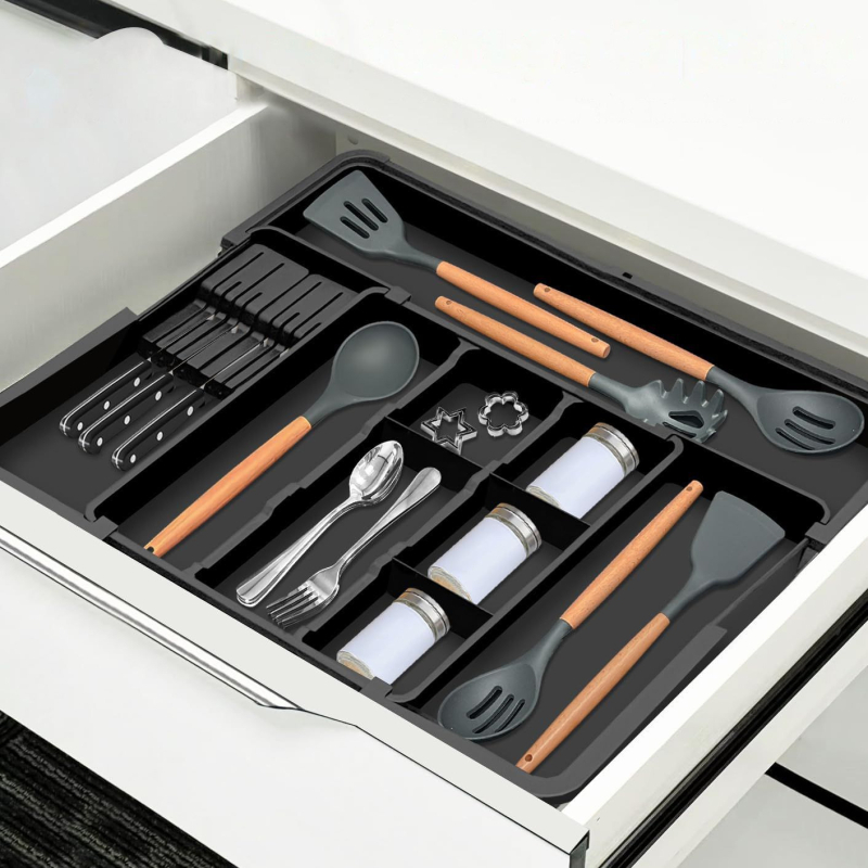 Izvelkams virtuves ēdienu piederumu organizators atvilktnei — iebūvēts, vienkāršs un mūsdienīgs stils, modelis 8045, PP/ABS