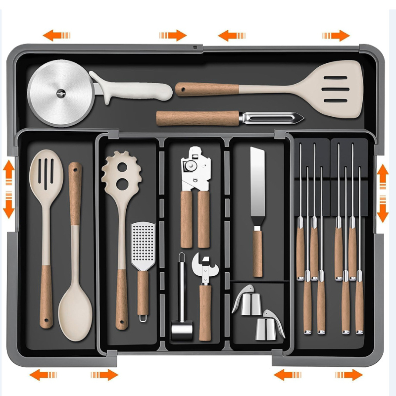 Izvelkams virtuves ēdienu piederumu organizators atvilktnei — iebūvēts, vienkāršs un mūsdienīgs stils, modelis 8045, PP/ABS