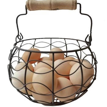 Κάλαθι αποθήκευσης αυγών από μεταλλικό σύρμα, κυκλικό, με ξύλινο χερούλι, vintage στυλ, μοντέλο YM135