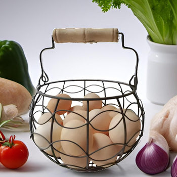 Κάλαθι αποθήκευσης αυγών από μεταλλικό σύρμα, κυκλικό, με ξύλινο χερούλι, vintage στυλ, μοντέλο YM135
