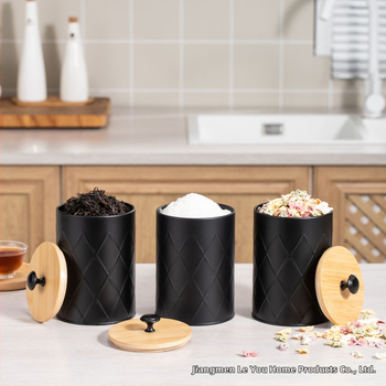 Κυκλική μεταλλική δεξαμενή αποθήκευσης από ατσάλι άνθρακα με καπάκι από μπαμπού, αεροστεγές, για κόκκους καφέ, τσάι και δημητριακά, χωρητικότητα 1–2 L