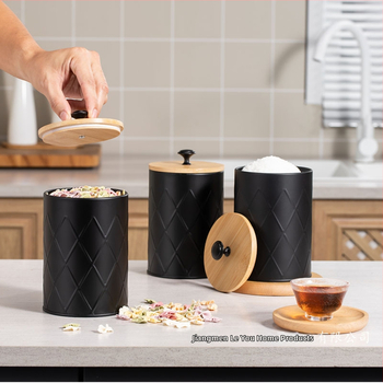 Κυκλική μεταλλική δεξαμενή αποθήκευσης από ατσάλι άνθρακα με καπάκι από μπαμπού, αεροστεγές, για κόκκους καφέ, τσάι και δημητριακά, χωρητικότητα 1–2 L