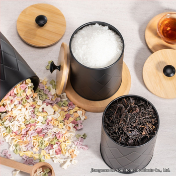 Κυκλική μεταλλική δεξαμενή αποθήκευσης από ατσάλι άνθρακα με καπάκι από μπαμπού, αεροστεγές, για κόκκους καφέ, τσάι και δημητριακά, χωρητικότητα 1–2 L