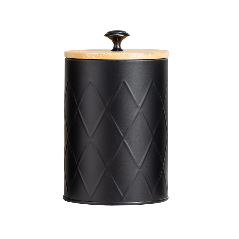 Κυκλική μεταλλική δεξαμενή αποθήκευσης από ατσάλι άνθρακα με καπάκι από μπαμπού, αεροστεγές, για κόκκους καφέ, τσάι και δημητριακά, χωρητικότητα 1–2 L