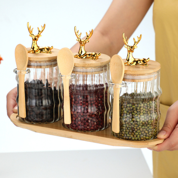 Stikla triju burciņu komplekts uzglabāšanai ar noslēdzamiem vāciņiem un paliktni, 15 oz tilpums, mūsdienīgs un vienkāršs stils