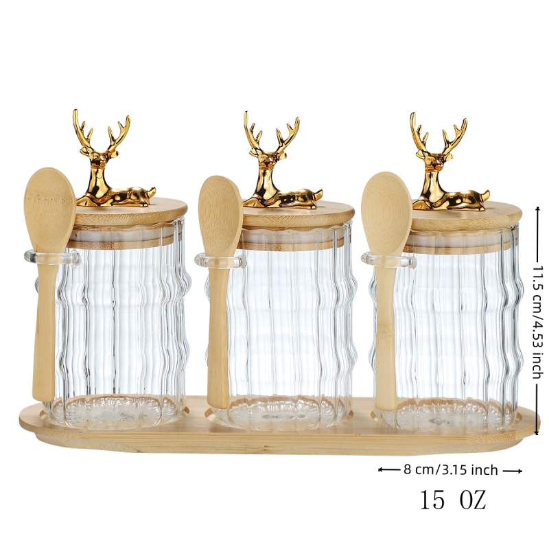 Stikla triju burciņu komplekts uzglabāšanai ar noslēdzamiem vāciņiem un paliktni, 15 oz tilpums, mūsdienīgs un vienkāršs stils