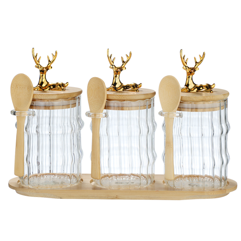 Stikla triju burciņu komplekts uzglabāšanai ar noslēdzamiem vāciņiem un paliktni, 15 oz tilpums, mūsdienīgs un vienkāršs stils