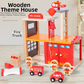 Koksnes scenas rotaļu komplekts — ugunsdzēsības un policijas stacijas tēma bērniem vecumā 4–6 gadi