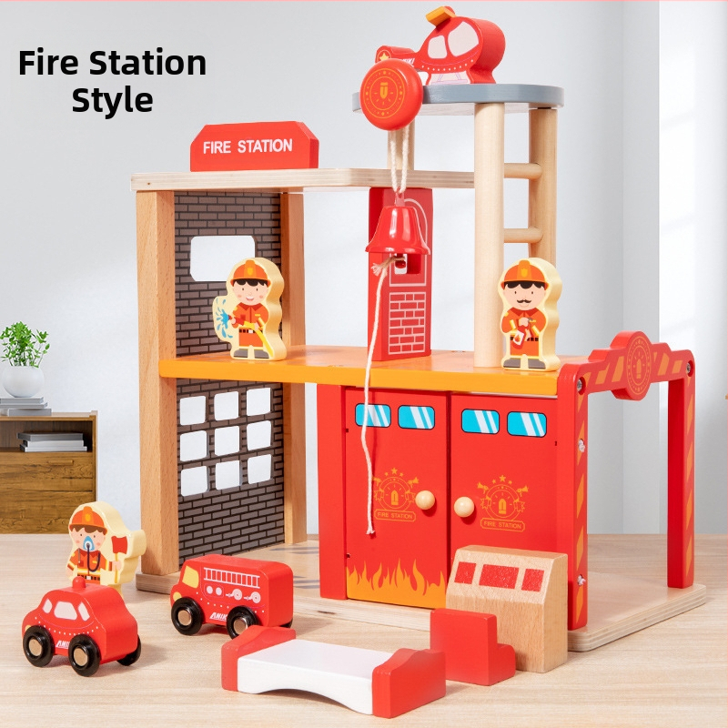 Koksnes scenas rotaļu komplekts — ugunsdzēsības un policijas stacijas tēma bērniem vecumā 4–6 gadi