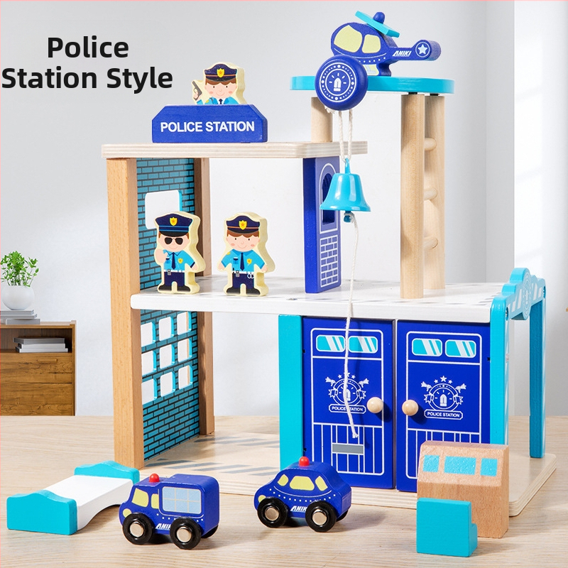 Koksnes scenas rotaļu komplekts — ugunsdzēsības un policijas stacijas tēma bērniem vecumā 4–6 gadi