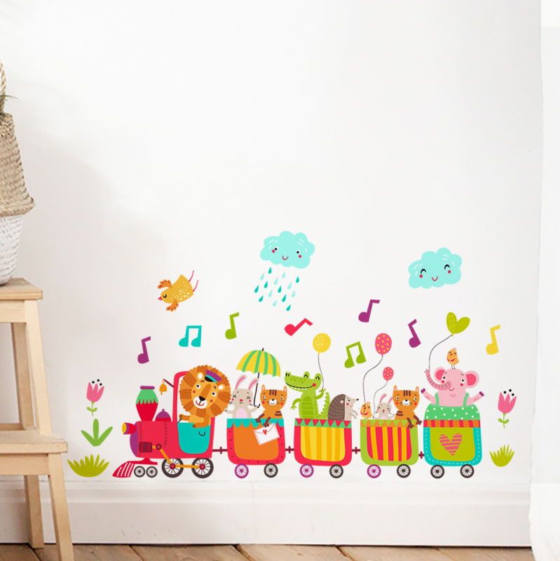 Αυτοκόλλητο τοίχου με σχέδιο μικρού ζώου σε τρένο, αυτοκόλλητο, αδιάβροχο PVC, 1 τεμάχιο, κατάλληλο για σαλόνι ή υπνοδωμάτιο