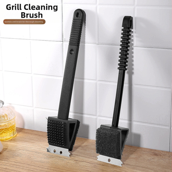 Grilio valymo šepetys su plieninių siūlų šereliais, kempine, dvipusė šepetė, tris viename su ilga rankena ir skraptuku – Four Seasons