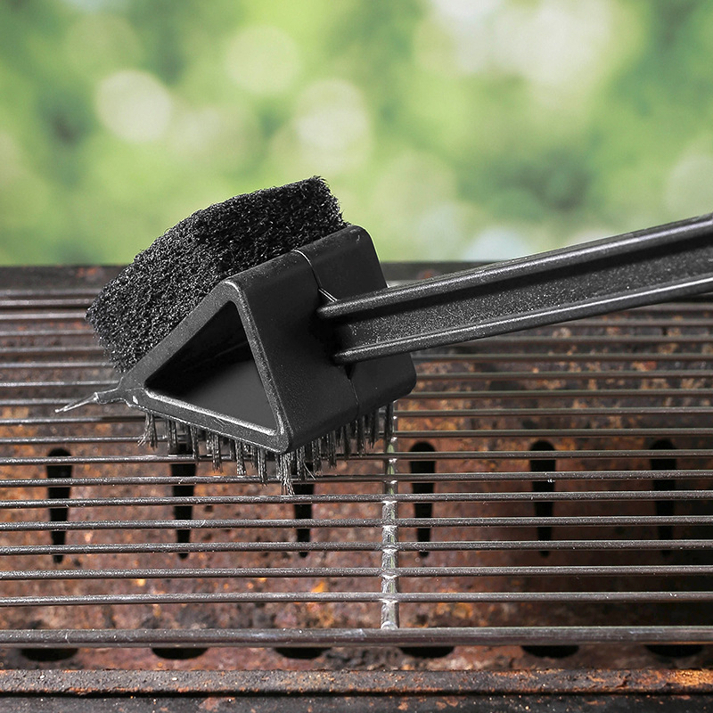 Grilio valymo šepetys su plieninių siūlų šereliais, kempine, dvipusė šepetė, tris viename su ilga rankena ir skraptuku – Four Seasons