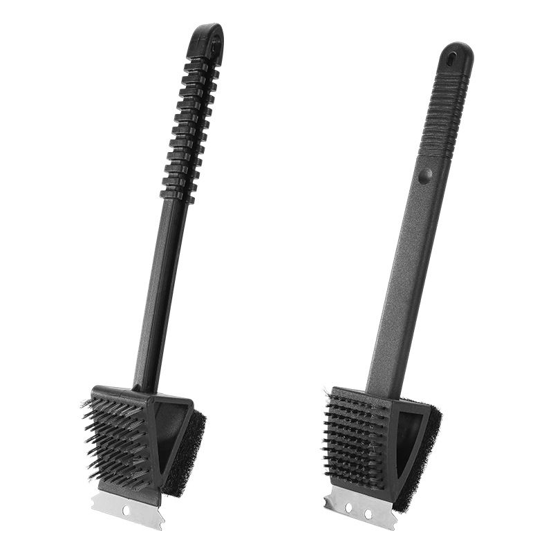 Grilio valymo šepetys su plieninių siūlų šereliais, kempine, dvipusė šepetė, tris viename su ilga rankena ir skraptuku – Four Seasons