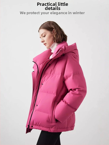Γυναικείο μπουφάν με κουκούλα, πλήρωμα από πούπουλα χήνας (>91%), πολυεστερικό ύφασμα, μήκος 50–65 cm, φερμουάρ