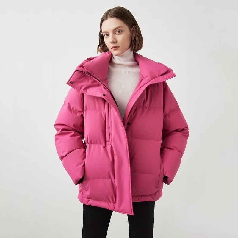 Γυναικείο μπουφάν με κουκούλα, πλήρωμα από πούπουλα χήνας (>91%), πολυεστερικό ύφασμα, μήκος 50–65 cm, φερμουάρ