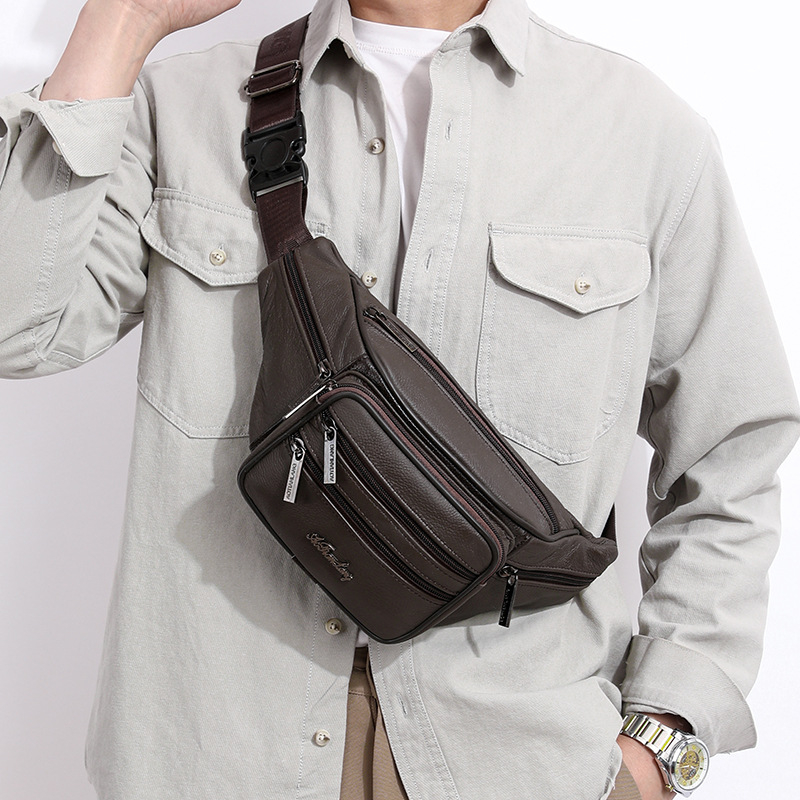 Ανδρική δερμάτινη τσάντα μέσης — πρώτη στρώση αγελαδινής δέρματος, αδιάβροχη, φόδρα πολυεστέρα