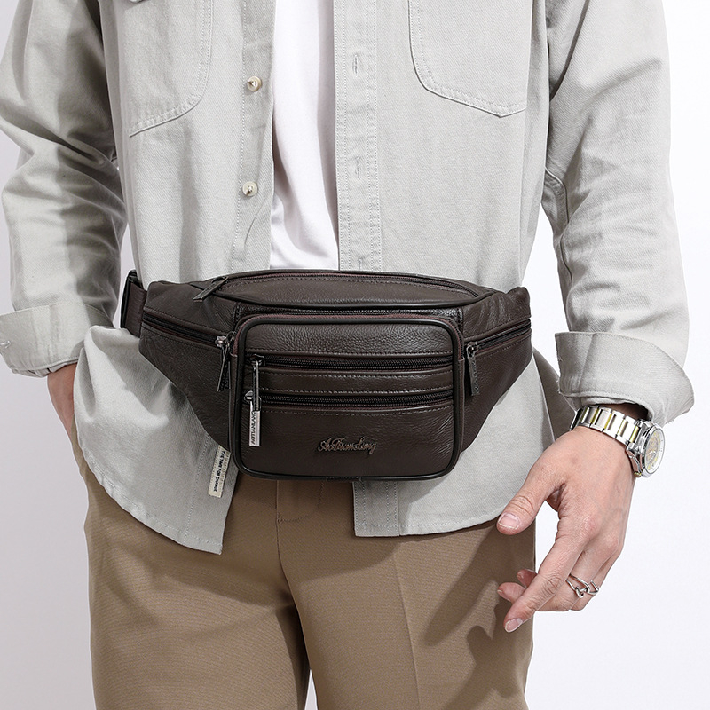 Ανδρική δερμάτινη τσάντα μέσης — πρώτη στρώση αγελαδινής δέρματος, αδιάβροχη, φόδρα πολυεστέρα