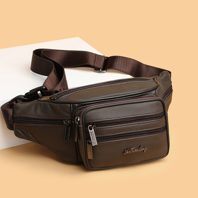 Ανδρική δερμάτινη τσάντα μέσης — πρώτη στρώση αγελαδινής δέρματος, αδιάβροχη, φόδρα πολυεστέρα