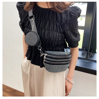 Γυναικεία τσαντάκι μέσης με κρύσταλλα, οριζόντιο τετράγωνο σχήμα, φερμουάρ, PU δέρμα, επένδυση πολυεστέρα, θήκη για κινητό, άνοιξη 2023