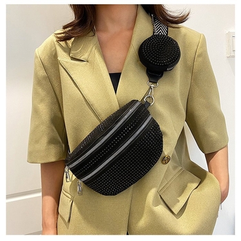 Γυναικεία τσαντάκι μέσης με κρύσταλλα, οριζόντιο τετράγωνο σχήμα, φερμουάρ, PU δέρμα, επένδυση πολυεστέρα, θήκη για κινητό, άνοιξη 2023